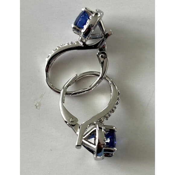 Silver Blue CZ Sapphire & CZ Halo Leverback Earrings - Picture 3 of 4